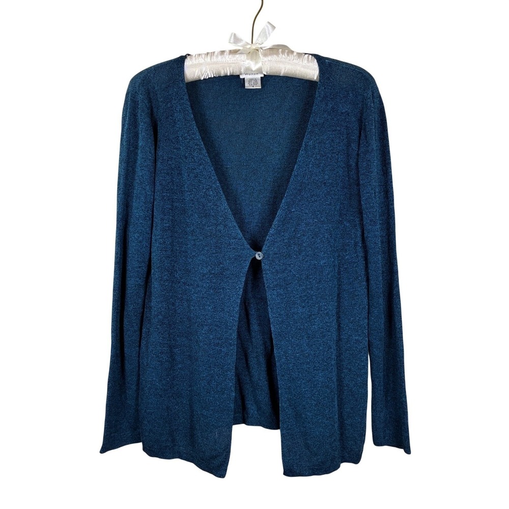 Eileen Fisher Cardigan S blue one button linen rayon knit Minimalist